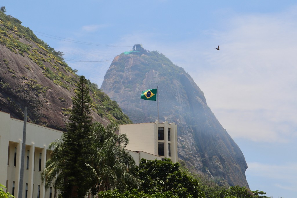 Brazilian flag with Sugarloaf Mountain beyond