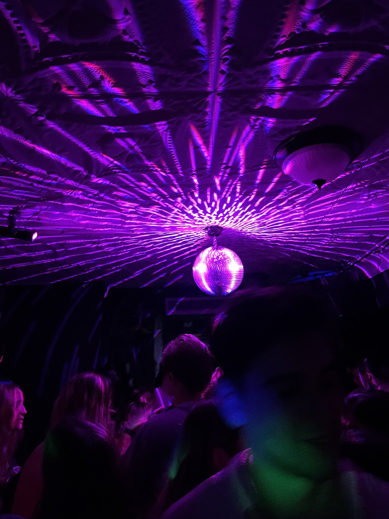 Disco ball lighting a crowded venue